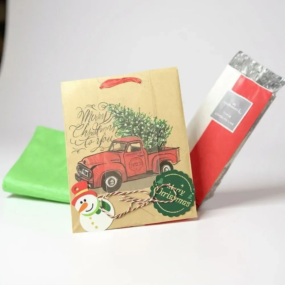 Red Buffalo Plaid and Green with Christmas Tree Holiday Gift Bag Set